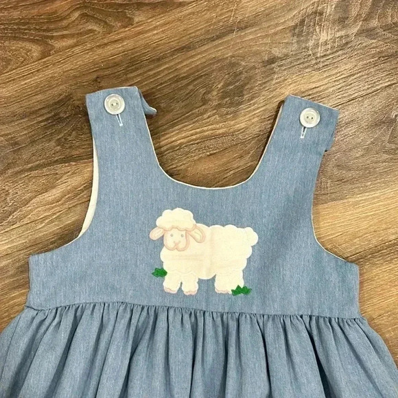 Vintage Kelly’s Kids Light Wash Denim Style Jean Dress with Lamb Size 5 Girls - Picture 2 of 9